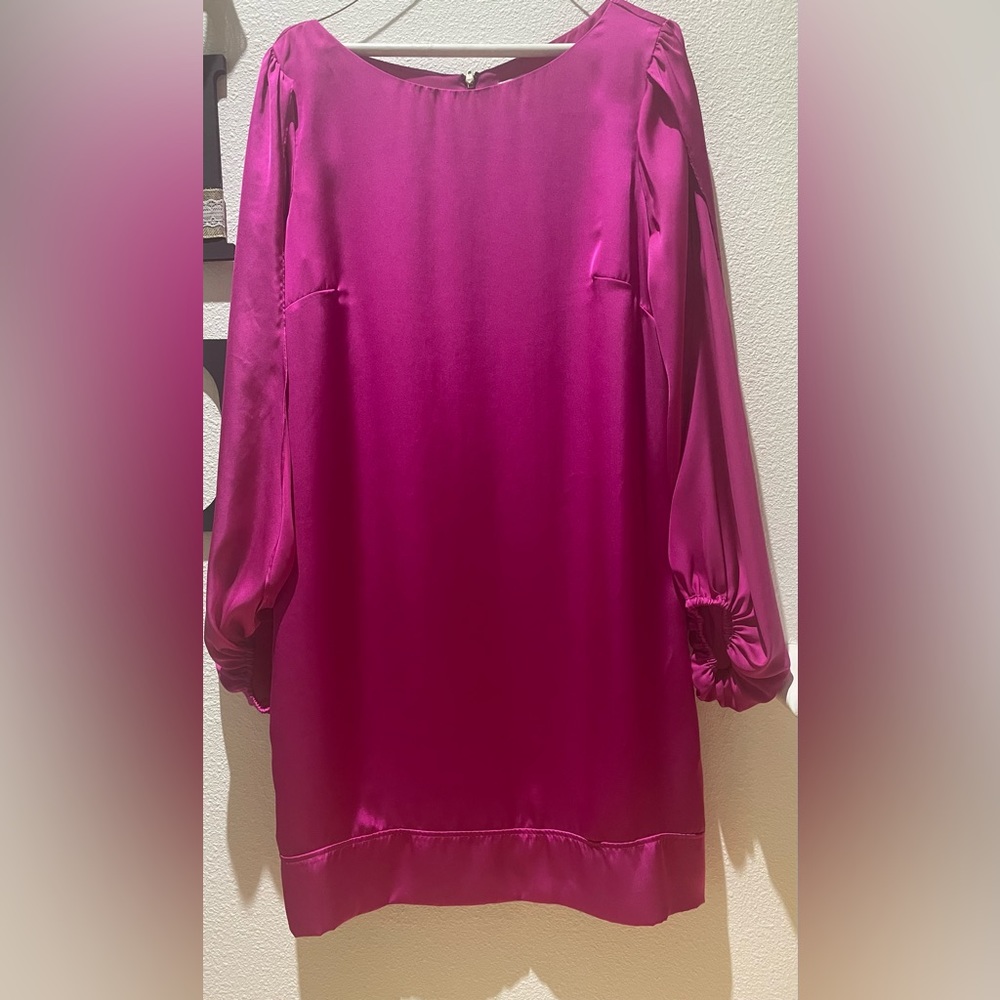 Cache short dress in fuchsia, size 12 poly satin transparent long sleeve